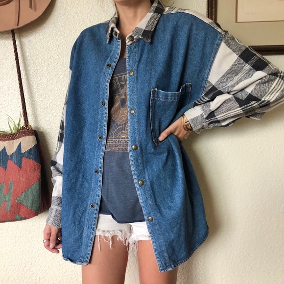 Vintage Tops - Vintage 90s Denim & Plaid Button Down Shirt